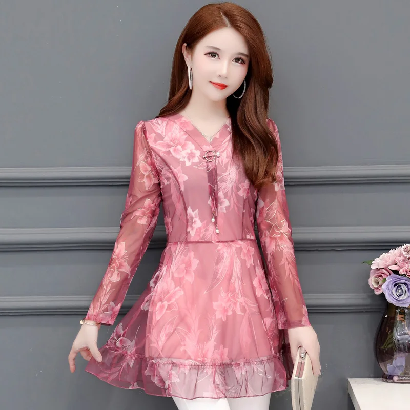  Autumn Winter Basic Shirts Blouses Womens Fashion Long Sleeve V Neck Tops Green Pink Floral Printed