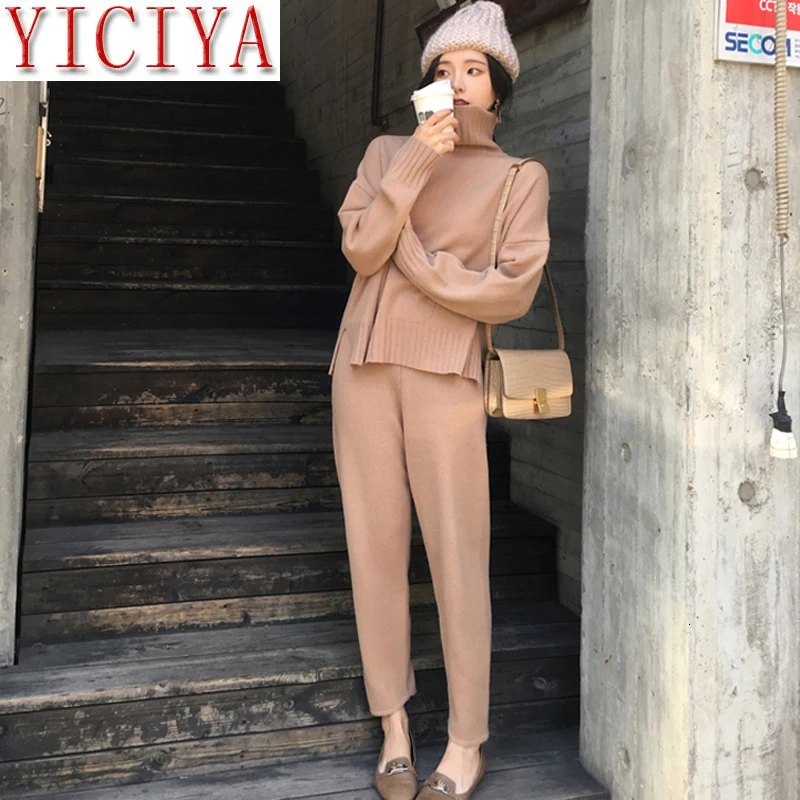 

Knitted Sweater Pants 2 Two Pieces Set Women Outfits Turtleneck Pullovers Elastic Waist Pant Plus Size Wam Winter Fall Clothing