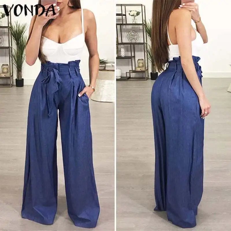 Женские брюки для офиса, женские брюки, VONDA, осень, элегантные брюки с поясом, длинные широкие брюки, Pantalon, женские брюки размера плюс