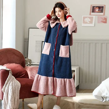 

Women Sleepwear Lolita Cute Princess Robe Flannel Navy Collar Nightgown Dressing Gown Girl's Casual Sleep Robes Home Loungewear