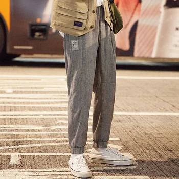 

2020 Summer Men's Leisure Casual Pants Male Solid Color Flax Fabrics Fashion Trend Bound Feet Haren Pants Male 5 Color Trousers