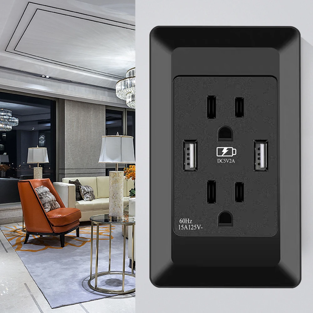 

US Double Plug Power Wall Socket Plate USB Port SmratPhones Charge Outlet Wall Socket USB Charger Wall Socket Black