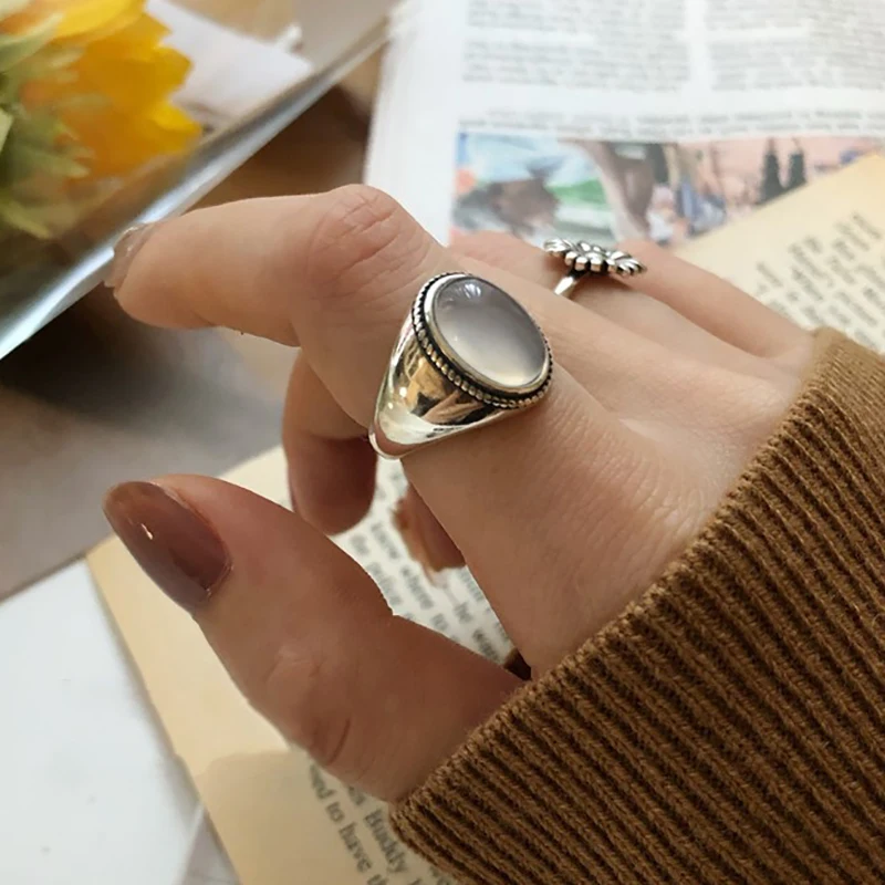 Foxanry silver color couples rings for women trendy vintage handmade white agate elegant wedding party jewelry gifts silver ring wedding rings