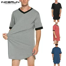 INCERUN Men Sleep Robes Nightgown Short Sleeve V Neck Loose Homewear Comfortable Patchwork Mens Bathrobes Dressing Gown S-5XL