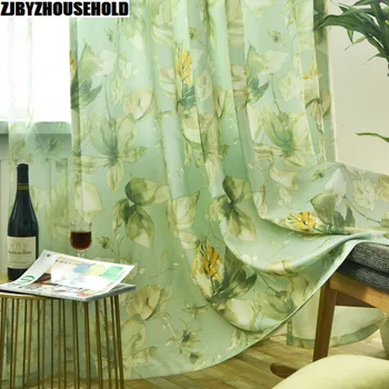 

American Curtains for Living Dining Room Bedroom Green Flower Simple Modern Printing Curtains Finished Product Customization