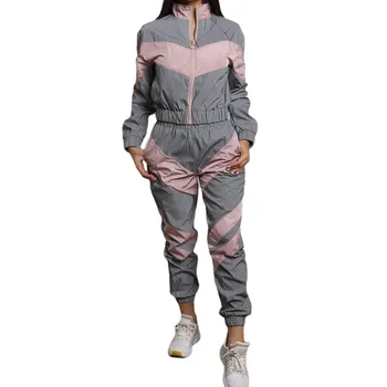 

2 Pcs Women Patchwork Outfits, Long Sleeve Zipper Top Elastic Waist Trousers with Pocket Casual Reflective Tracksuit