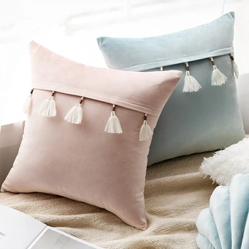 

45x45cm solid color velvet cushion cover tassel decorative throw pillow cover sofa decorative fringe pillow case