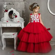 Красное платье с цветочным узором для девочек на свадьбу; многослойное пышное платье из тюля; детская одежда; Пышное Платье; вечерние платья; size2-16Y