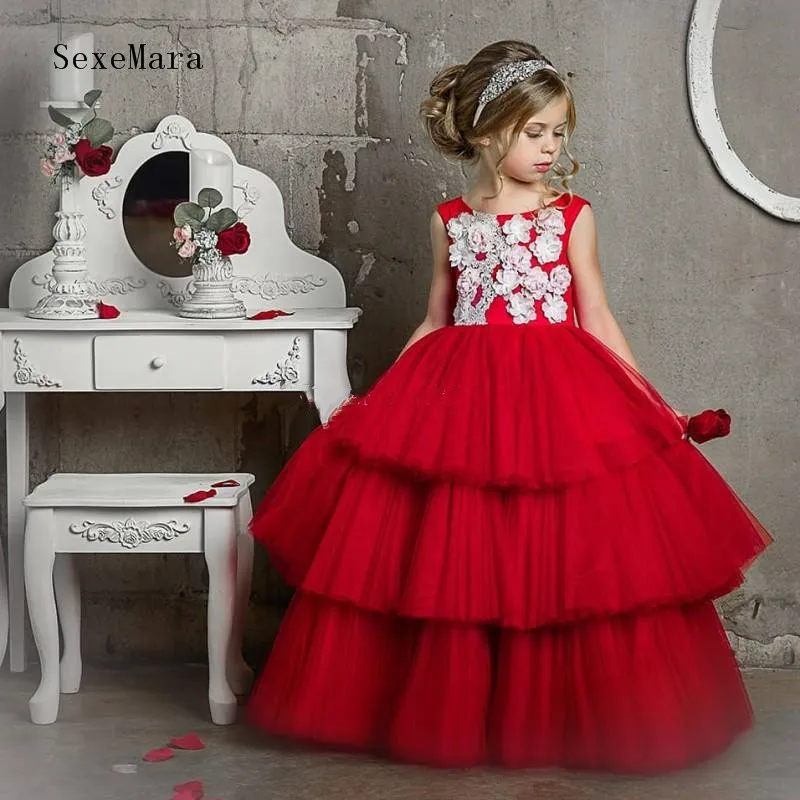 

Custom Red Flower Girl Dress for Wedding Tiered Puffy Tulle Kids Clothes Pageant Dress party gown size2-16Y