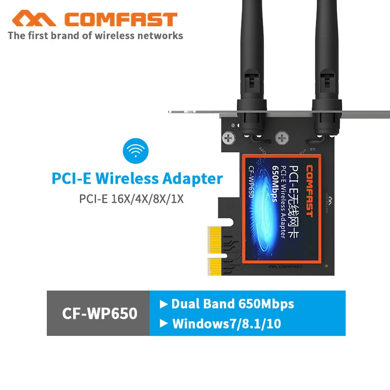

1X 4X 16X PCI-E Cards PCI express wireless adapter 650Mbps 802.11ac 2.4G/5Ghz Wireless ac WiFi Adapter with 2 external antennas