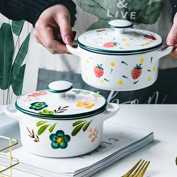 

Northern European household ceramic soup rice noodles salad bowl with lid Jpanese handpainted flower tableware with coverd bowl