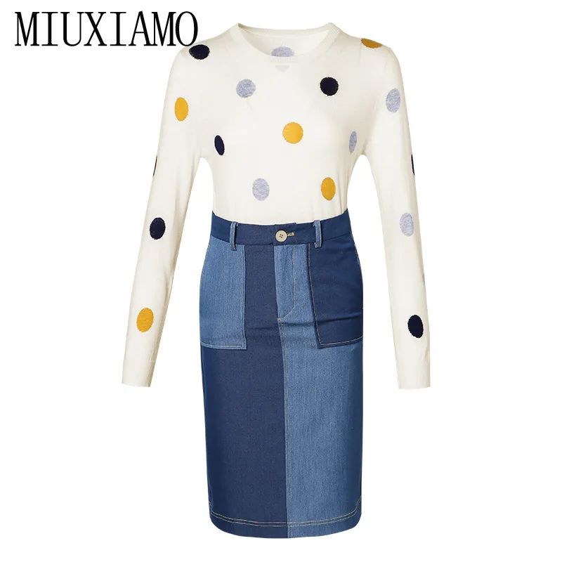 MIUXIMAO Fall Suit Sets 2 Piece Europe Fashion O-Neck Full Sleeve Slim Dot Sweater Top+ Denim Skirt Winter Suit Vestidos