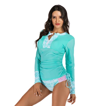 

Women's Two Piece Swimsuit UV Sun Protection Quick Dry Wearable Elastane Terylene Long Sleeve Swimwear Rash Guard Shirts Blue