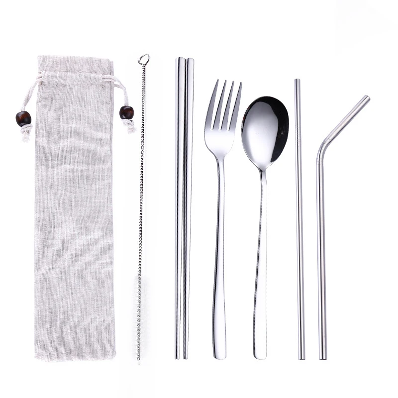 Dinneware набор палочек для еды вилка, ложка с мешком 7 шт./компл. путешествия Радуга с кисточкой портативный из нержавеющей стали, многоразовый соломенный барбекю - Цвет: Silver Beige