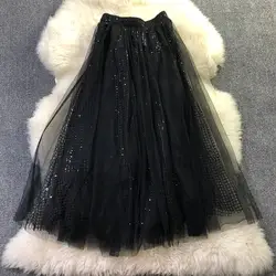 Новая черная сетчатая газовая юбка с высокой талией, женская тонкая юбка средней длины