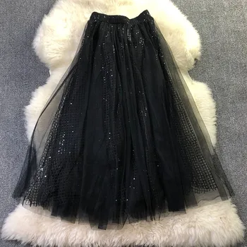 

New black mesh gauze skirt of tall waist female show thin half length skirt