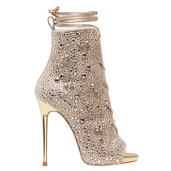 

YECHNE Women Peep Toe Ankle Boots Plus Size 33 43 Wedding Heels Rhinestone Sandals Summer Sexy Lace Up Gladiator Sandals 2020