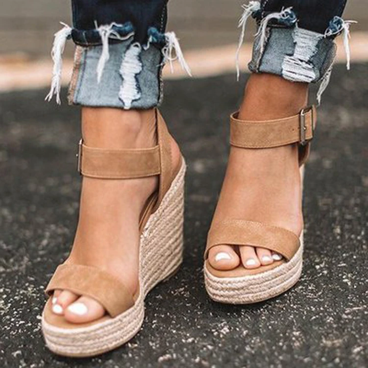 Sandalias de plataforma para mujer, zapatos de moda Beige, alpargatas de tacón de cuña de grande, negro, de 2021|Sandalias de mujer| - AliExpress