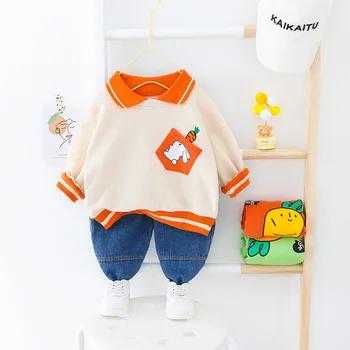 

Spring Cartoon Baby Boy Clothes Children's Casual Set Toddler Lapel Long Sleeve Cotton Tracksuit Sweatshirt+Jeans 2pcs Kids Suit