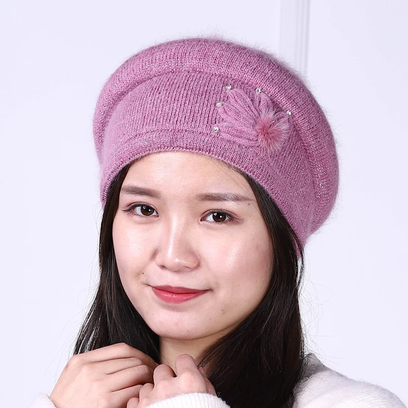 

Winter Hat Women Angora Knit Beanie Autumn Warm Flower Rhinestone Thick Double Layers Skiing Outdoor Accessory For Lady