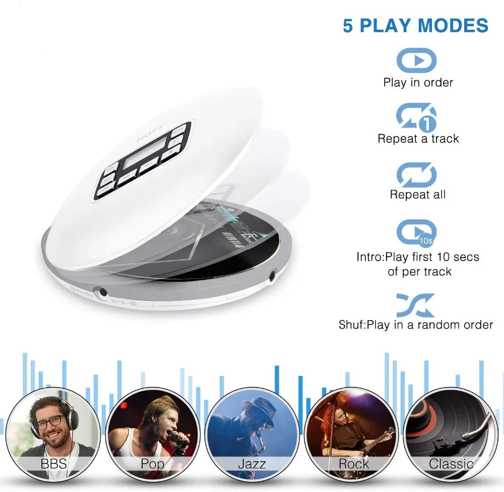 HOTT портативный персональный Bluetooth CD-плеер поддерживает разъем для наушников, светодиодный дисплей, анти-пропуск музыки подходит для прослушивания музыки