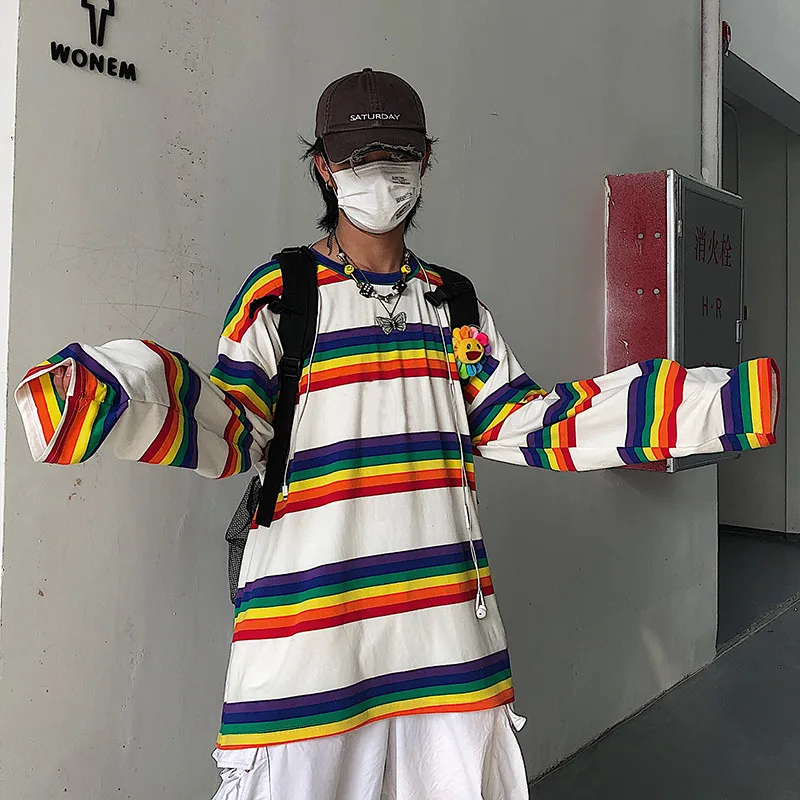 Lychee Harajuku женская футболка в радужную полоску с цветным блоком осенние свободные женские футболки Топы Футболки с вырезом лодочкой женская футболка футболки