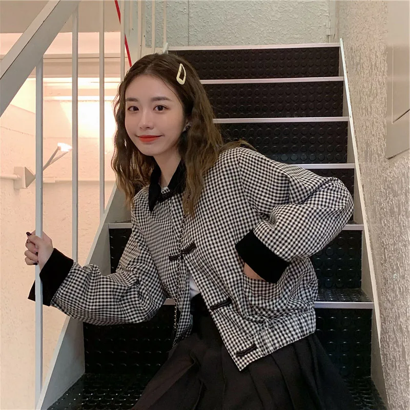 

2019 Early Autumn New Style Chinese-style Cheongsam Frog Tops Thin Long Sleeve Korean-style Fold-down Collar Plaid Cropped Jacke