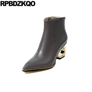 

brand ankle chunky women 2019 high heel short metal boots size 4 autumn pointed toe booties winter shoes gray genuine leather