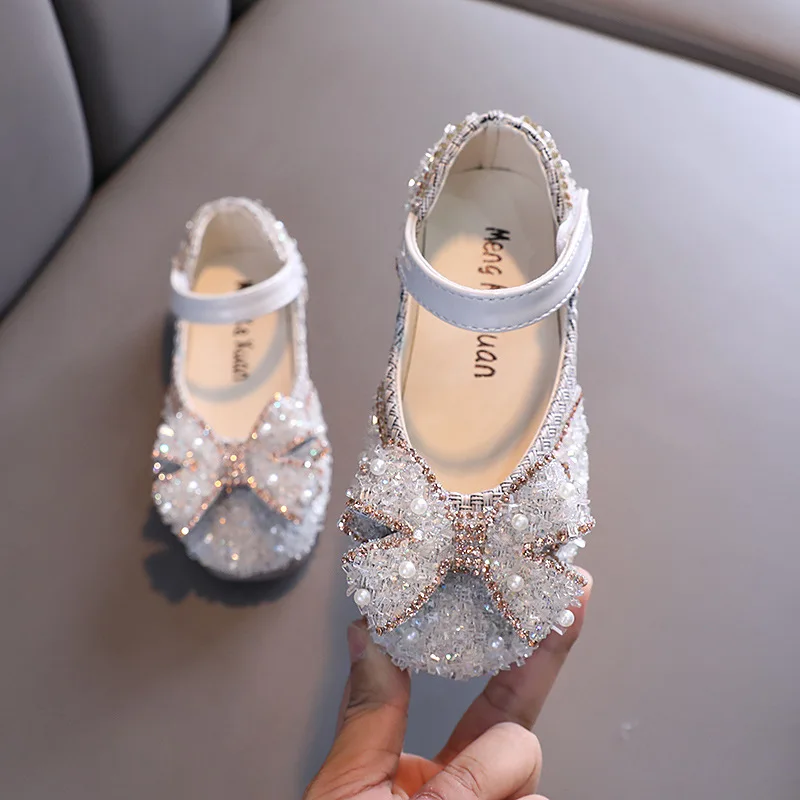 New Hot Sale Girls Bow Princess Shoes Sequin Rhinestone Children Dance Shoes Spring Autumn Flats Kids G47