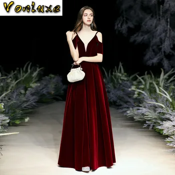 

Sexy Burgundy Velvet Women Vintage A-line Maxi Dress Robe Party Dinner Elegant Long Prom Formal Dresses