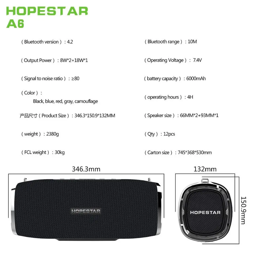 HOPESTAR-A6 Bluetooth динамик 35 Вт Супер Бас Сабвуфер Портативный беспроводной громкий динамик стерео динамик IPX6 Водонепроницаемый бумбокс