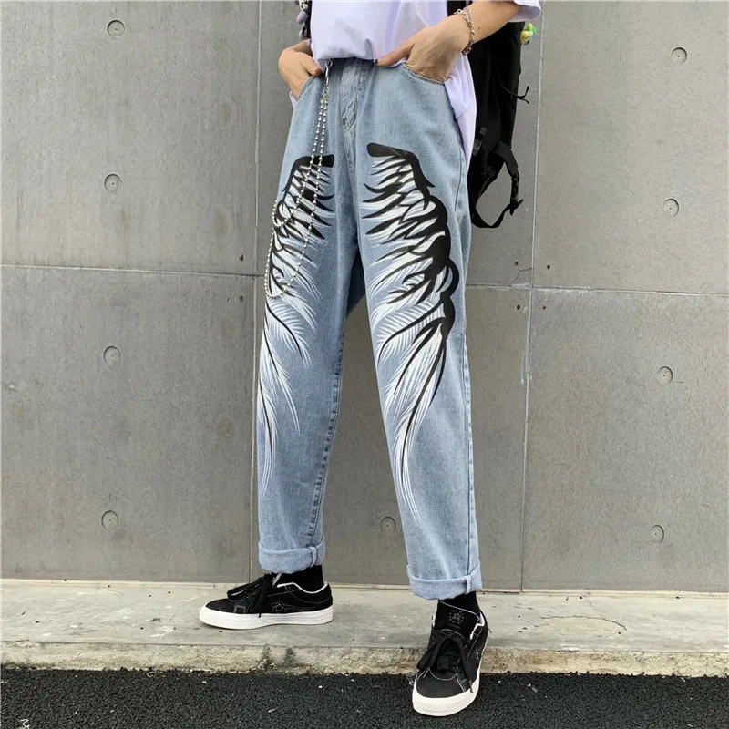Blue jeans Уличный хип-хоп принт женские джинсы Harajuku Модные свободные повседневные женский эластичный пояс джинсовые брюки - Цвет: Blue jeans
