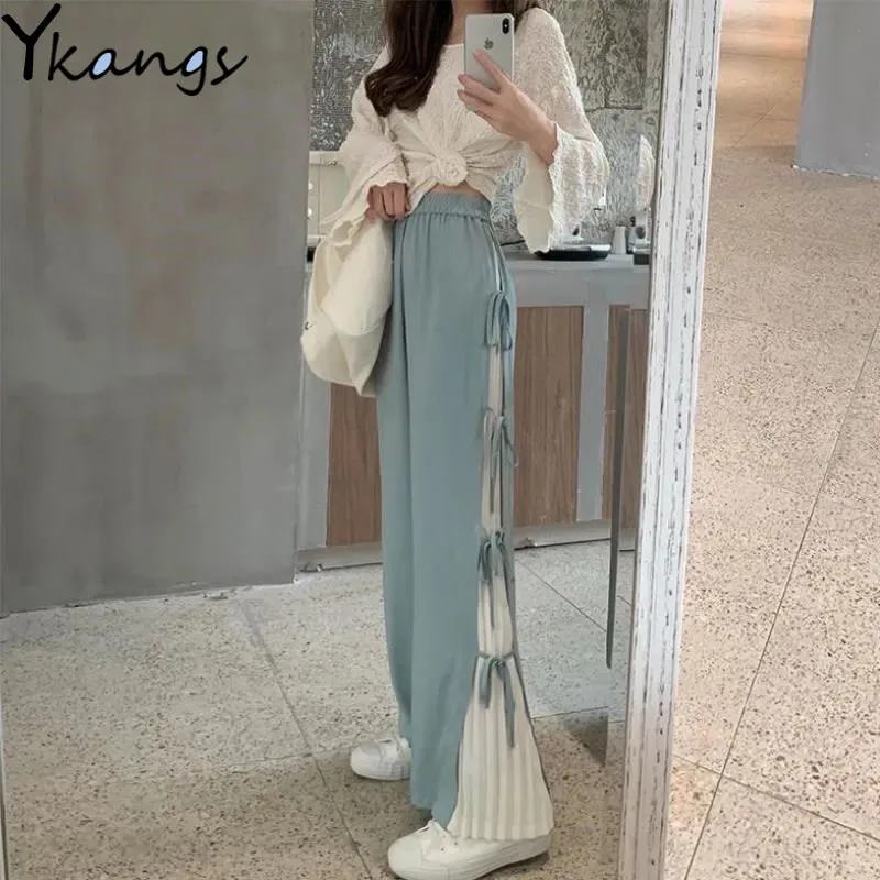 

Casual Pleated Spliced Wide Leg Trousers Female Joggers Women High Waist Streetwear Drawstring Baggy Patchwork Straight Pants