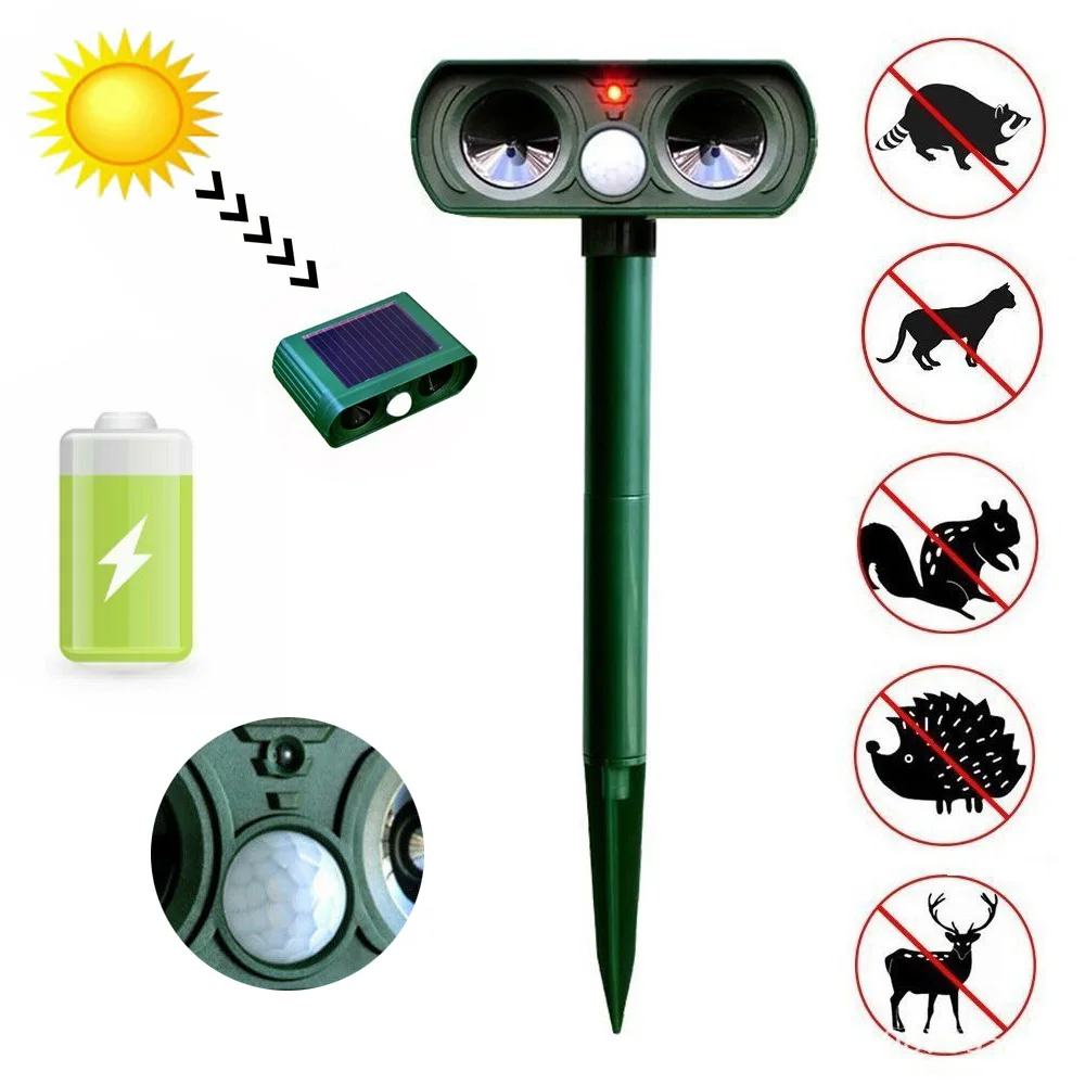 

Ultrasonic Animal Repeller Solar Powered PIR Motion Sensor Flash Light Dog Cat Raccoon Rabbit Scarer Repeller Pest Dispeller