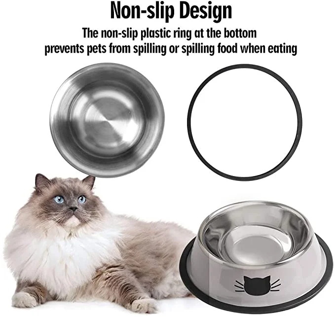 Comsmart Stainless Steel Pet Cat Bowl Kitten Puppy Dish Bowl with Cute Cats Painted Non-Skid for Small Dogs Cats Animals 2 Pack 