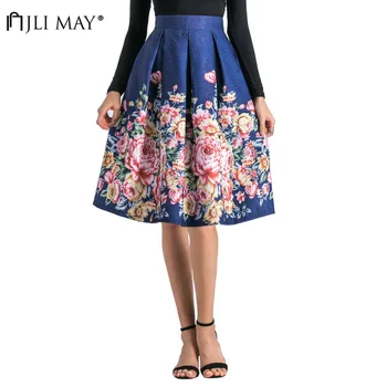 

JLI MAY Vintage Floral Print Ball Gown Autumn Winter Wowen Slim Pleated Empire Knee-Length Women Elegant Tweed Princess Skirt