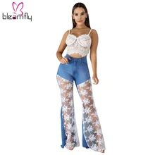 Женские осенне-зимние повседневные джинсы с высокой талией, на молнии, с кружевами, в стиле пэчворк, с вырезами, модные джинсовые штаны, комбинезоны