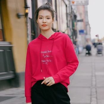 

INMAN 2020 Spring New Arrival Literary Hooded Drawstring Letter Embroidered Long Sleeve Loose All-match Pullover Sweatshirt