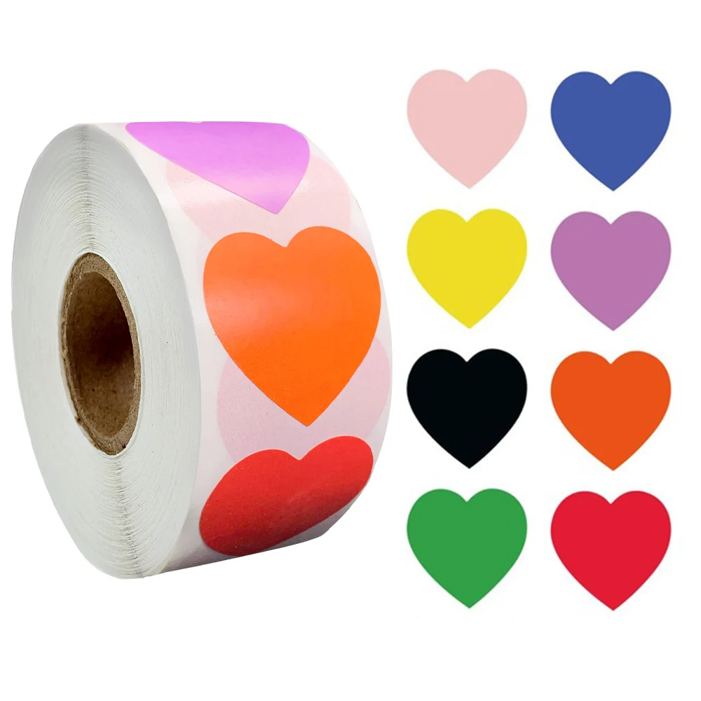 Chroma-Etiquetas adhesivas con forma de corazón, etiquetas adhesivas de 1 pulgada, Color rojo, azul, rosa, negro, pegatinas personalizadas, papelería, 500 Uds. Por rollo