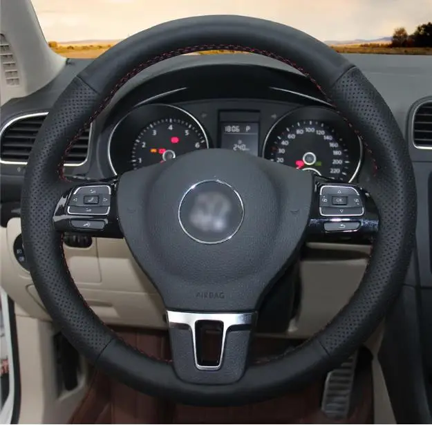 Se adapta a 2010-2015 VW Touran Verdadero Cuero Volante Cubierta Negro doble puntada 