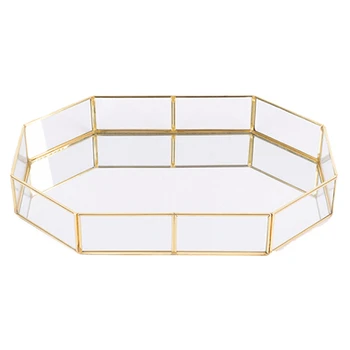 

Fashionable simple glass storage jewelry plate decoration practical European retro copper strip mirror tray