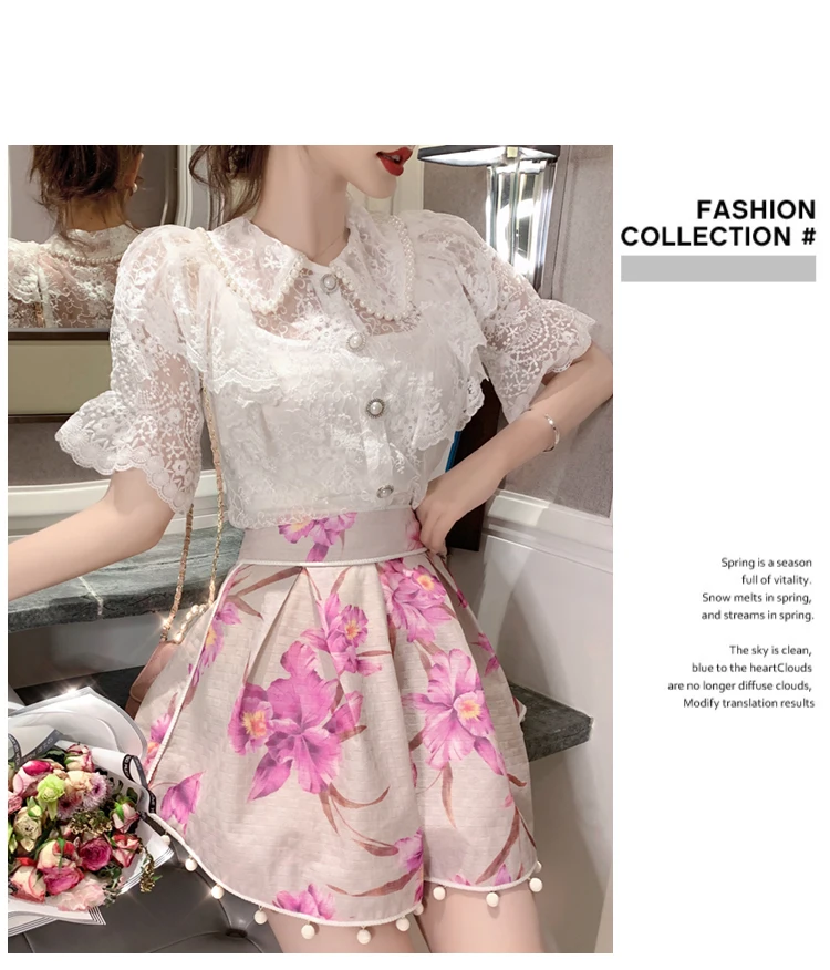 French retro lace shirt tops womens new summer air hollows were thin short sleeves Turn-down Collar  Solid