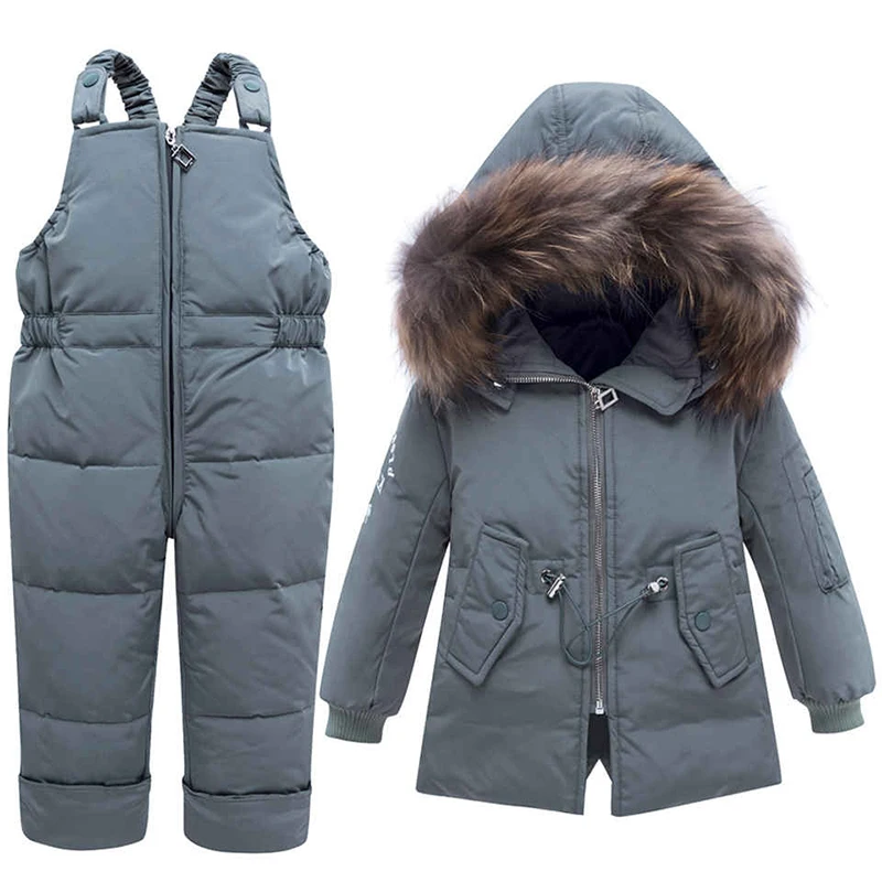 

Children Winter Clothing Sets White Duck Down 2019 New Baby Girl Overalls Ski Snow Suit for Boys Kids Nature Fur Jacket+ Pants