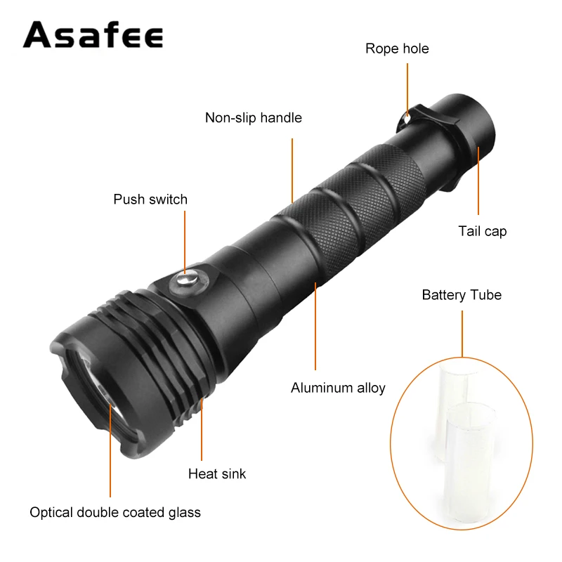 Светодиодный фонарь Asafee XHP50 для дайвинга белый желтый подводный