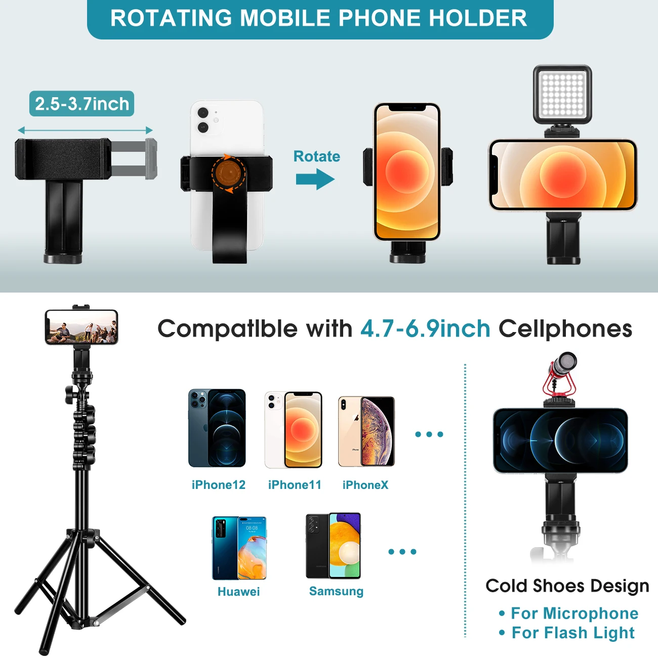 Tripod Stand with Control for iPhone iPad Cell Phone Gopro with Universal Phone Holder for Vlogging Youtube Video Recording Live