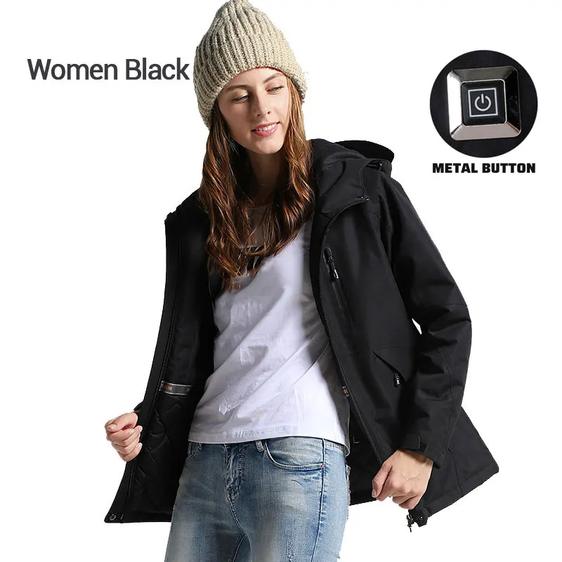 Мотоциклетная куртка для мужчин и женщин, водонепроницаемая, с капюшоном, зимняя, толстая, USB, инфракрасное Отопление, куртки, электрическая, тепловая одежда, Chaqueta Moto - Цвет: Women Black