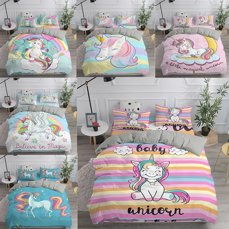 JSTextiles Unicorn Bedding 2 Piece Duvet Cover Cartoon Unicorn Twin Size 67’’x86’’ Cute Quilt Cover Bedding Set for Teens Gift（NO Comforter 