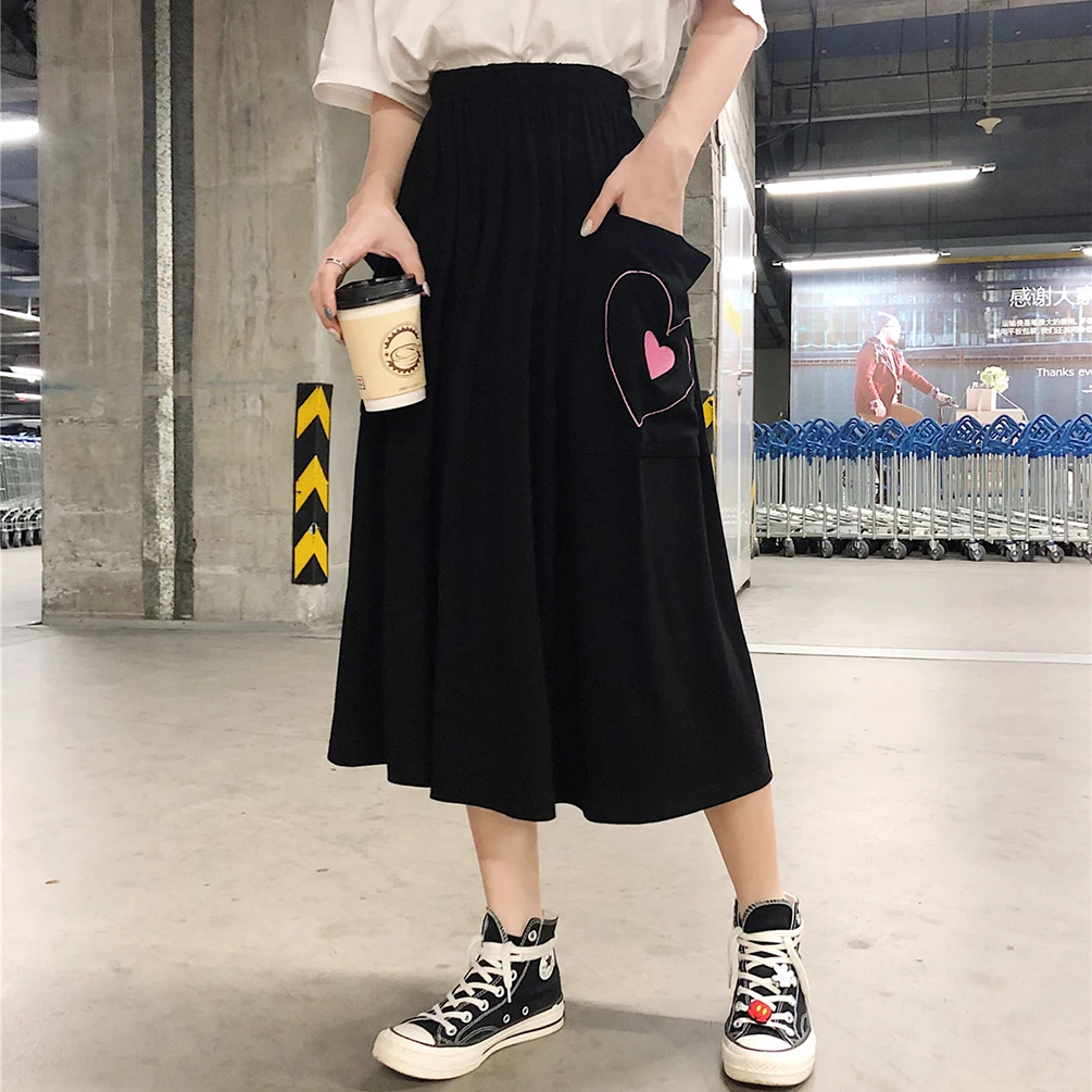 Lychee Girls Ladies Heart Embroidery Skirt with Pocket Summer Women Elastic Waist Skirts Korean