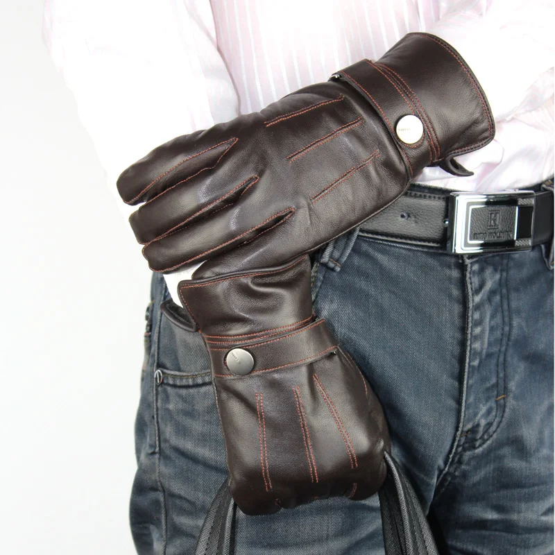 

New sheepskin gloves men's hand-stitched straight style Black Cashmere lining autumn warm leather gloves free shipping