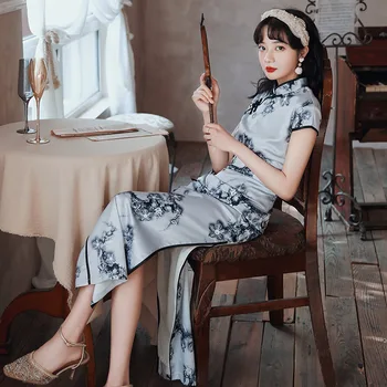 

Sexy High Split Qipao Mandarin Collar Novelty Print Flower Lady Satin Cheongsam Short Sleeve Wedding Party Gown Elegant Vestidso